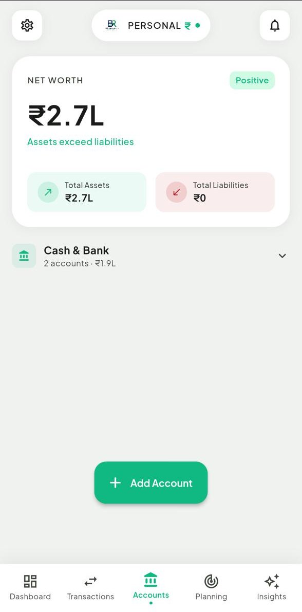 BR MoneyWise accounts screen showing net worth, total assets, total liabilities and a Cash and Bank group