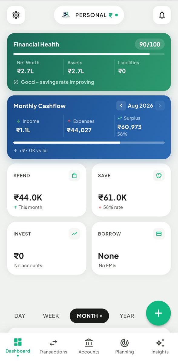 BR MoneyWise dashboard showing a Financial Health score, net worth, monthly cashflow and spend, save, invest and borrow cards