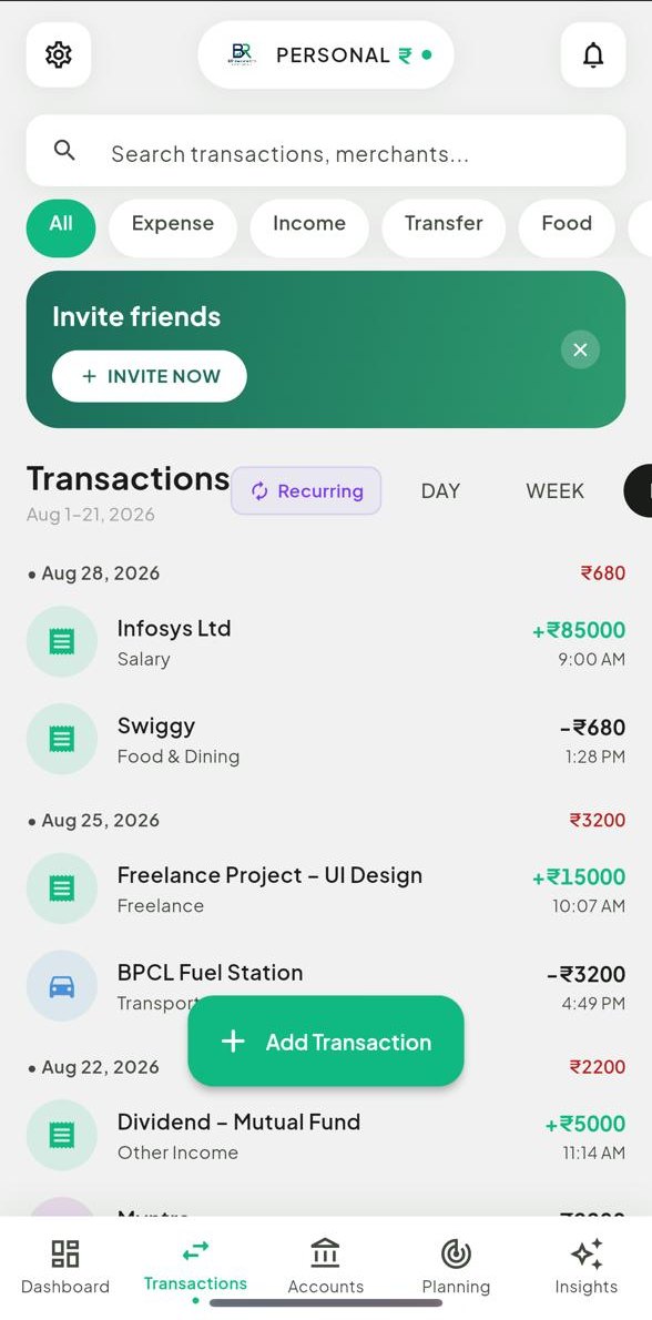 BR MoneyWise transactions screen with search, filters, recurring transactions and a dated list of income and expenses